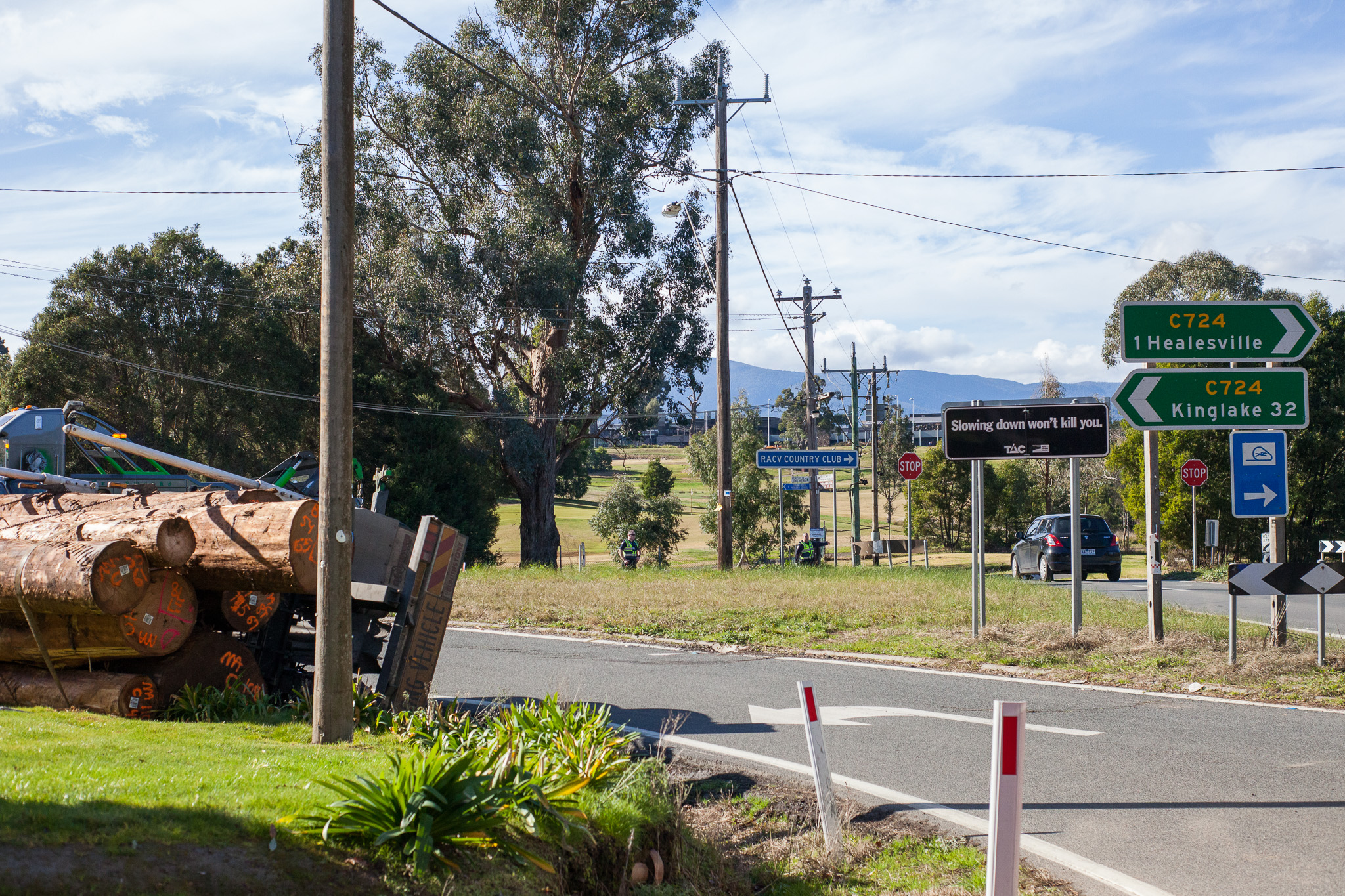 Healesville Log Truck rolled over at intersection between RACV and Healesville Gables